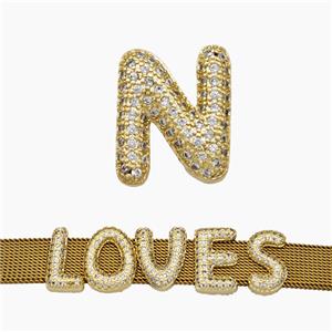 Copper Watchband Beads Pave Zirconia Letter-N Flat Hole Gold Plated, approx 10-14mm, 2-10mm hole