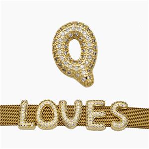 Copper Watchband Beads Pave Zirconia Letter-Q Flat Hole Gold Plated, approx 10-14mm, 2-10mm hole