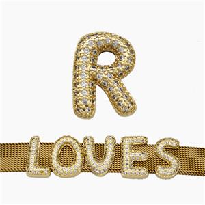 Copper Watchband Beads Pave Zirconia Letter-R Flat Hole Gold Plated, approx 10-14mm, 2-10mm hole