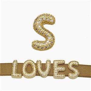 Copper Watchband Beads Pave Zirconia Letter-S Flat Hole Gold Plated, approx 10-14mm, 2-10mm hole