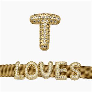 Copper Watchband Beads Pave Zirconia Letter-T Flat Hole Gold Plated, approx 10-14mm, 2-10mm hole