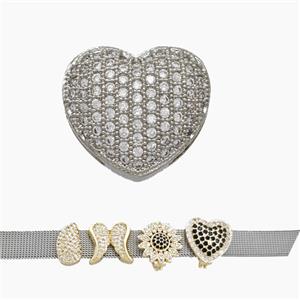 Copper Watchband Beads Pave Zirconia Heart Flat Hole Platinum Plated, approx 16mm, 2-10mm hole