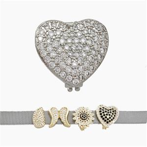 Copper Watchband Beads Pave Zirconia Heart Flat Hole Platinum Plated, approx 17mm, 2-10mm hole