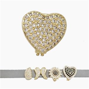 Copper Watchband Beads Pave Zirconia Heart Flat Hole Gold Plated, approx 17mm, 2-10mm hole