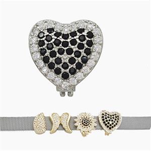 Copper Watchband Beads Pave Zirconia Heart Flat Hole Platinum Plated, approx 16mm, 2-10mm hole