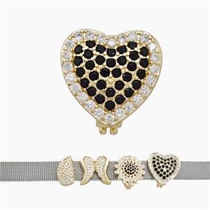 Copper Watchband Beads Pave Zirconia Heart Flat Hole Gold Plated, approx 16mm, 2-10mm hole