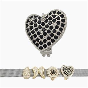 Copper Watchband Beads Pave Zirconia Heart Flat Hole Platinum Plated, approx 15-16mm, 2-10mm hole