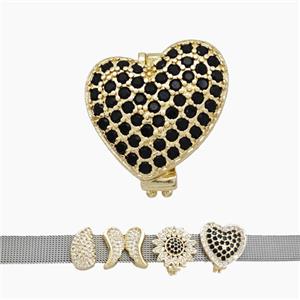 Copper Watchband Beads Pave Zirconia Heart Flat Hole Gold Plated, approx 15-16mm, 2-10mm hole