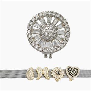 Copper Watchband Beads Pave Zirconia Flower Flat Hole Platinum Plated, approx 16mm, 2-10mm hole