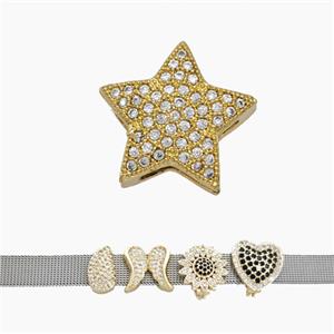 Copper Watchband Beads Pave Zirconia Star Flat Hole Gold Plated, approx 16mm, 2-10mm hole