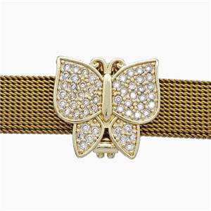 Copper Watchband Beads Pave Zirconia Butterfly Flat Hole Gold Plated, approx 16-18mm, 2-10mm hole