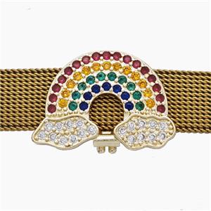 Copper Watchband Beads Pave Zirconia Rainbow Flat Hole Gold Plated, approx 16-22mm, 2-10mm hole