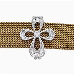 Copper Watchband Beads Pave Zirconia Cross Flower Flat Hole Platinum Plated, approx 13-16mm, 2-10mm hole