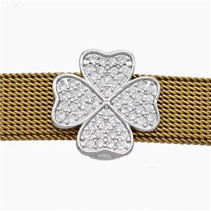 Copper Watchband Beads Pave Zirconia Heart Clover Flat Hole Platinum Plated, approx 16mm, 2-10mm hole