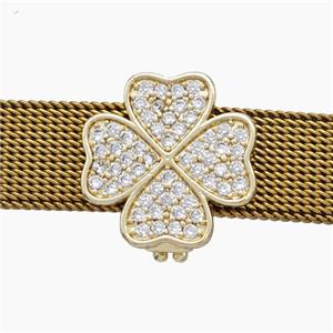 Copper Watchband Beads Pave Zirconia Heart Clover Flat Hole Gold Plated, approx 16mm, 2-10mm hole