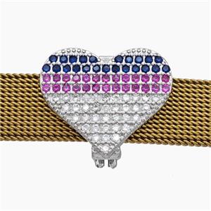 Copper Watchband Beads Pave Zirconia Heart Flat Hole Platinum Plated, approx 16-19mm, 2-10mm hole