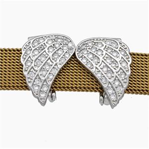 Copper Watchband Beads Pave Zirconia Angel Wings Flat Hole Platinum Plated, approx 13-15mm, 2-10mm hole