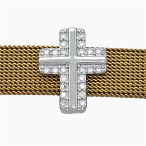 Copper Watchband Beads Pave Zirconia Cross Flat Hole Platinum Plated, approx 13-16mm, 2-10mm hole