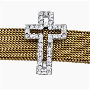 Copper Watchband Beads Pave Zirconia Cross Flat Hole Platinum Plated, approx 13-19mm, 2-10mm hole