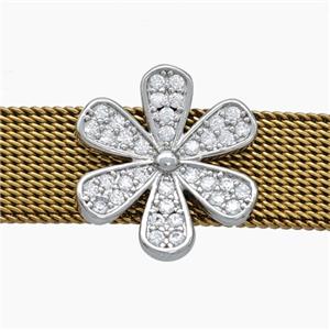 Copper Watchband Beads Pave Zirconia Daisy Flower Flat Hole Platinum Plated, approx 16mm, 2-10mm hole