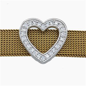 Copper Watchband Beads Pave Zirconia Heart Flat Hole Platinum Plated, approx 16-18mm, 2-10mm hole