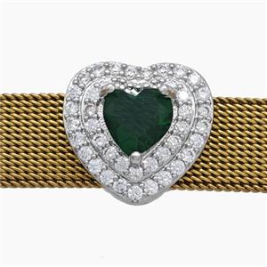 Copper Watchband Beads Pave Zirconia Heart Flat Hole Platinum Plated, approx 15mm, 2-10mm hole