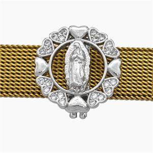 Copper Watchband Beads Pave Zirconia Virgin Mary Flat Hole Platinum Plated, approx 16mm, 2-10mm hole