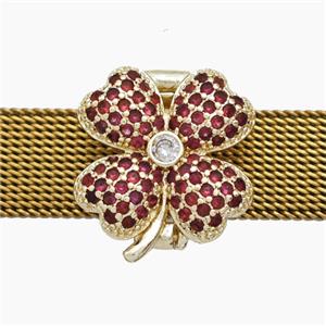 Copper Watchband Beads Pave Zirconia Clover Flat Hole Gold Plated, approx 16-17mm, 2-10mm hole