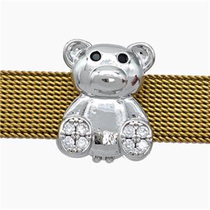 Copper Watchband Beads Pave Zirconia Bear Flat Hole Platinum Plated, approx 13-16mm, 2-10mm hole