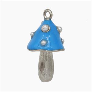 Copper Mushroom Pendant Pave Pearlize Resin Blue Enamel Platinum Plated, approx 12-20mm