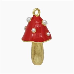 Copper Mushroom Pendant Pave Pearlize Resin Red Enamel Gold Plated, approx 12-20mm