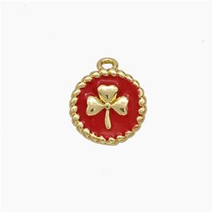 Copper Circle Pendant Red Enamel Clover Gold Plated, approx 10mm