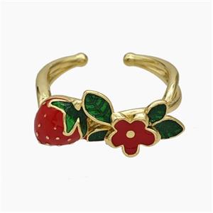 Copper Strawberry Rings Flower Red Enamel Gold Plated, approx 10-20mm, 18mm dia