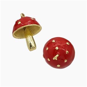 Copper Mushroom Pendant Red Enamel Gold Plated, approx 15-18mm