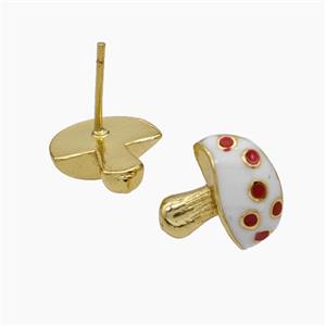 Copper Mushroom Stud Earrings White Enamel Gold Plated, approx 12-13mm