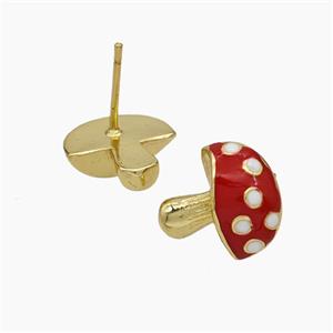 Copper Mushroom Stud Earrings Red Enamel Gold Plated, approx 12-13mm