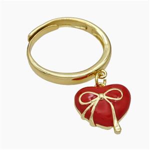 Copper Heart Rings Red Enamel Bow Gold Plated, approx 14mm, 18mm dia