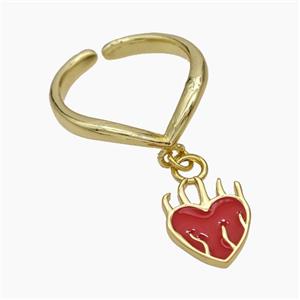 Copper Heart Rings Red Enamel Gold Plated, approx 10-12mm, 18mm dia