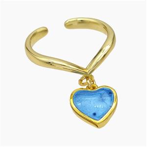 Copper Heart Rings Blue Painted Gold Plated, approx 12mm, 18mm dia