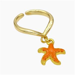 Copper Starfish Rings Orange Enamel Gold Plated, approx 13mm, 18mm dia