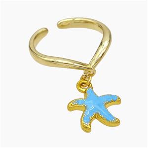 Copper Starfish Rings Blue Enamel Gold Plated, approx 13mm, 18mm dia