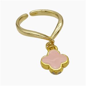 Copper Clover Rings Pink Enamel Gold Plated, approx 12mm, 18mm dia