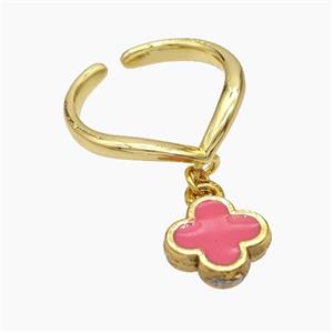 Copper Clover Rings Pink Enamel Gold Plated, approx 12mm, 18mm dia