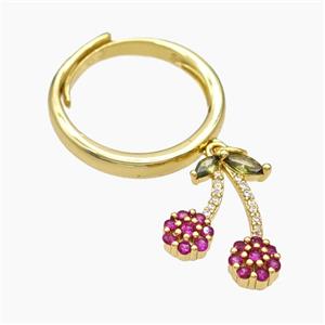 Copper Cherry Rings Pave Zirconia Adjustable Gold Plated, approx 13-17mm, 18mm dia