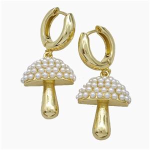 Copper Mushroom Hoop Earrings Pave Pearlized Resin Gold Plated, approx 18-22mm, 15mm dia