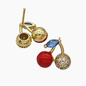 Copper Cherry Stud Earrings Pave Zirconia Red Enamel Gold Plated, approx 12-15mm