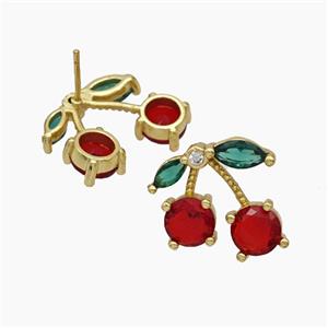 Copper Cherry Stud Earrings Pave Zirconia Gold Plated, approx 16-18mm