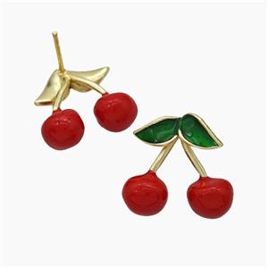 Copper Cherry Stud Earrings Red Enamel Gold Plated, approx 16mm