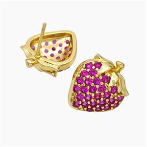 Copper Strawberry Stud Earrings Pave Zirconia Gold Plated, approx 15-18mm