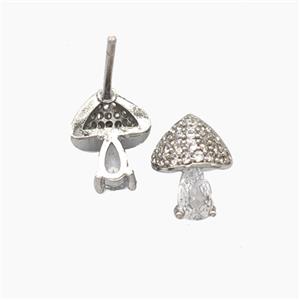 Copper Mushroom Stud Earrings Pave Zirconia Platinum Plated, approx 7-9mm